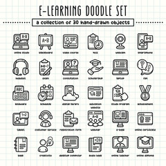 E-learning hand-drawn doodle art illustrations and elements. felt-tip pen marker style on grid paper, great for various creative design uses.