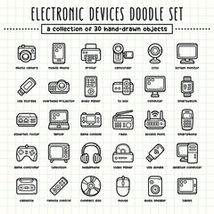 Electronic devices hand-drawn doodle art illustrations and elements. felt-tip pen marker style on grid paper, great for various creative design uses.