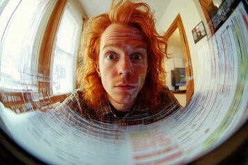 White man working on ai ethics. A very focused caucasian adult man with red hair, , staring at the display of a portable computer. Engineer designing ui/ux. Analytics are projected onto his fa.