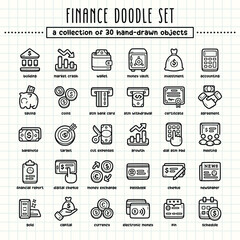 Finance hand-drawn doodle art illustrations and elements. felt-tip pen marker style on grid paper, great for various creative design uses.