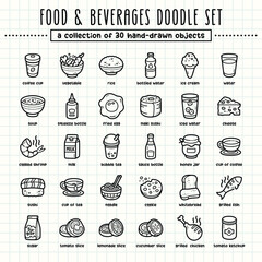 Food and beverages hand-drawn doodle art illustrations and elements. felt-tip pen marker style on grid paper, great for various creative design uses.