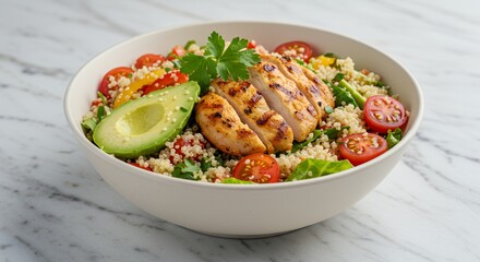 Delightful Grilled Chicken and Quinoa Salad Bowl: A vibrant and healthy meal, perfect for a light lunch or dinner, showcasing fresh ingredients and a balanced nutritional profile.