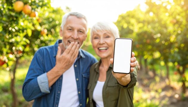 Happy senior couple smiling and holding a smartphone in an orange orchard during a sunny day, showcasing their joy and connection - Powered by Adobe