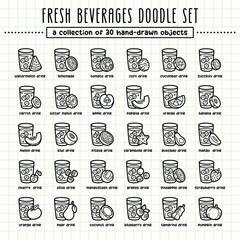 Fresh beverages hand-drawn doodle art illustrations and elements. felt-tip pen marker style on grid paper, great for various creative design uses.