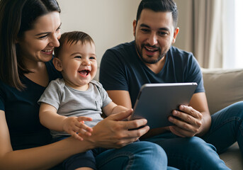 Happy family sitting together, watching a tablet. A smiling baby is held by the mother, with the father looking on.