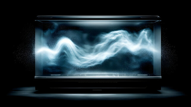 box with interlocking arms playing sound waves made visible as floating geometry