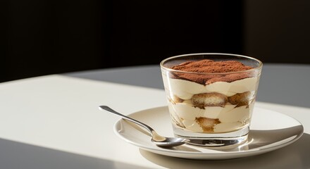 Indulge in the creamy, coffee-infused layers of this classic tiramisu, elegantly presented in a glass on a pristine white saucer, bathed in soft sunlight.