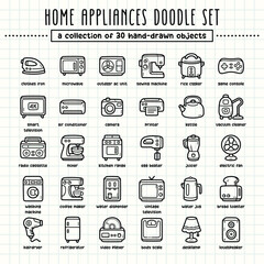 Home appliances hand-drawn doodle art illustrations and elements. felt-tip pen marker style on grid paper, great for various creative design uses.