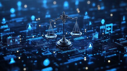 Futuristic justice scale amid digital network embodying legal technology