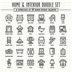 Home and interior hand-drawn doodle art illustrations and elements. felt-tip pen marker style on grid paper, great for various creative design uses.