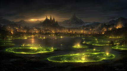 Obraz premium with anti-gravity rocks, glowing lakes, and flowing digital light