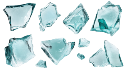 set of shattered glass fragments on white background