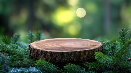 Wooden slice display, forest backdrop, product showcase, nature scene