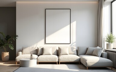 Mockup poster frame on the wall of living room. Luxurious apartment background with contemporary design. Modern interior design. 3D render, 3D illustration. High quality