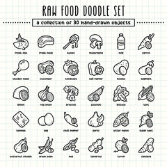 Raw food hand-drawn doodle art illustrations and elements. felt-tip pen marker style on grid paper, great for various creative design uses.