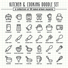 Kitchen and cooking hand-drawn doodle art illustrations and elements. felt-tip pen marker style on grid paper, great for various creative design uses.