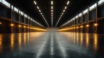 An expansive and empty industrial warehouse with high ceilings and dramatic lighting creates an atmosphere of modernity, potential, and artistic inspiration.