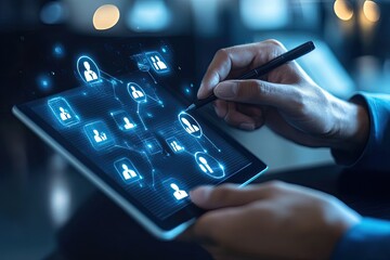 Hands holding a tablet displaying a network of interconnected user profiles