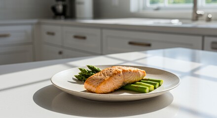 Sunlit Kitchen Counter Showcases Delicate Pan-Seared Salmon Fillet with Fresh Asparagus, a Culinary Delight Ready to Be Enjoyed.