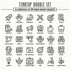 Startup hand-drawn doodle art illustrations and elements. felt-tip pen marker style on grid paper, great for various creative design uses.