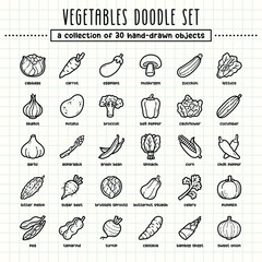 Vegetables hand-drawn doodle art illustrations and elements. felt-tip pen marker style on grid paper, great for various creative design uses.