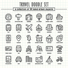 Travel hand-drawn doodle art illustrations and elements. felt-tip pen marker style on grid paper, great for various creative design uses.