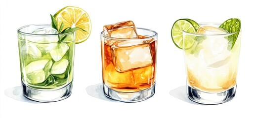 Three illustrated cocktails in glasses
