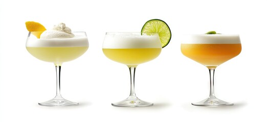 Three different cocktails in elegant coupe glasses, showcasing layered colors and garnishes
