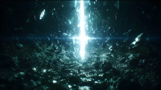 beam tower emerging from fragmented terrain with scattered floating shards