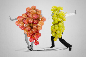 Composite zine pop trend collage of anonym girl guy instead body grape berries branch sweet dessert...