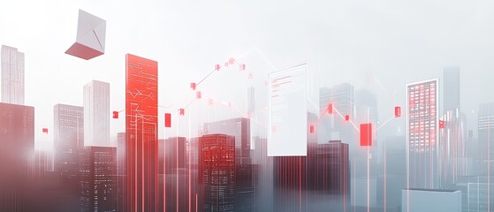 Cityscape overlaid with abstract data visualizations