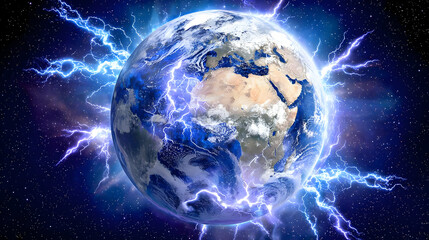board planet viewed from space with electric energy flowing through terrain
