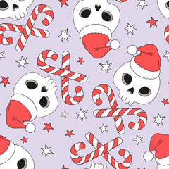 Retro Whimsical Jolly Roger Skeleton Skull in Santa hat with Crossed Candy Canes as bones Halloween Christmas mix vector Seamless Pattern. Perfect for holiday wrapping paper, gothic festive apparel