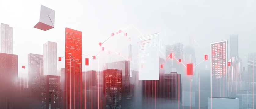 Cityscape overlaid with abstract data visualizations