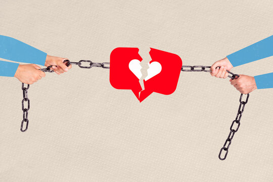 Artwork collage template composite sketch of hand hold metal chain pull competition broken heart banner post feedback like comment share