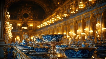 Obraz premium Ornate china tableware set on a grand table in a lavish hall.