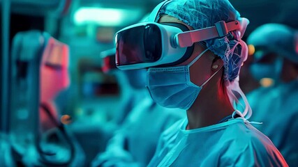 A nurse or doctor wearing a protective mask, cap, and medical attire who uses a virtual reality (VR) headset. A combination of medicine and technology. - Powered by Adobe