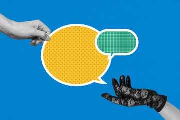 Pop 3d zine full art collage of hands show bubble communication icon speech conversation talk phrase social media message