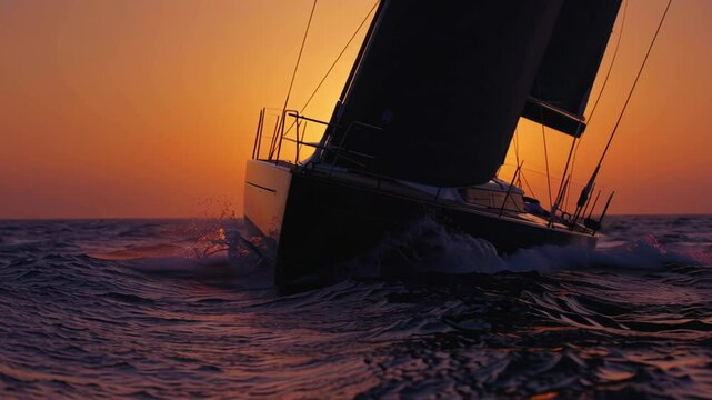 A silhouette of a sleek sailboat silhouetted against the sunset its bow slicing through waves the sails billowing and the hull pitching forward emphasizing the elegant reaction patterns