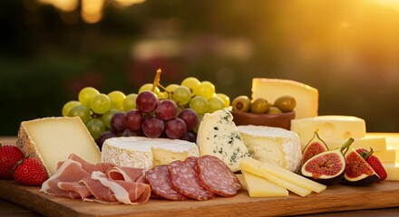Golden Hour Gourmet: A Rustic Cheese and Charcuterie Board Beckons with the Promise of Delightful Indulgence