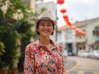 Young woman in ethnic dress and hat exploring the festive streets of George Town, Malaysia, during...