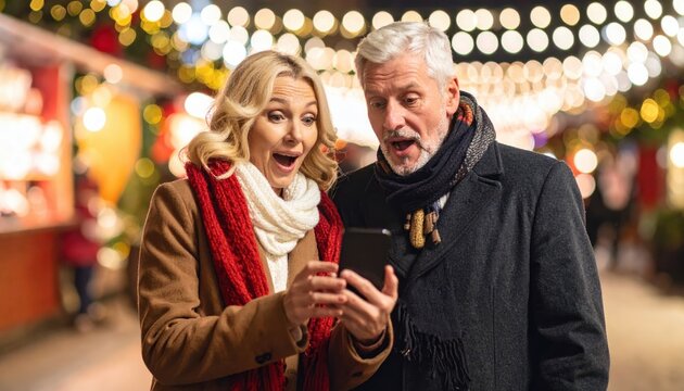 Surprised couple enjoying a moment together while looking at a smartphone during a festive holiday market - Powered by Adobe
