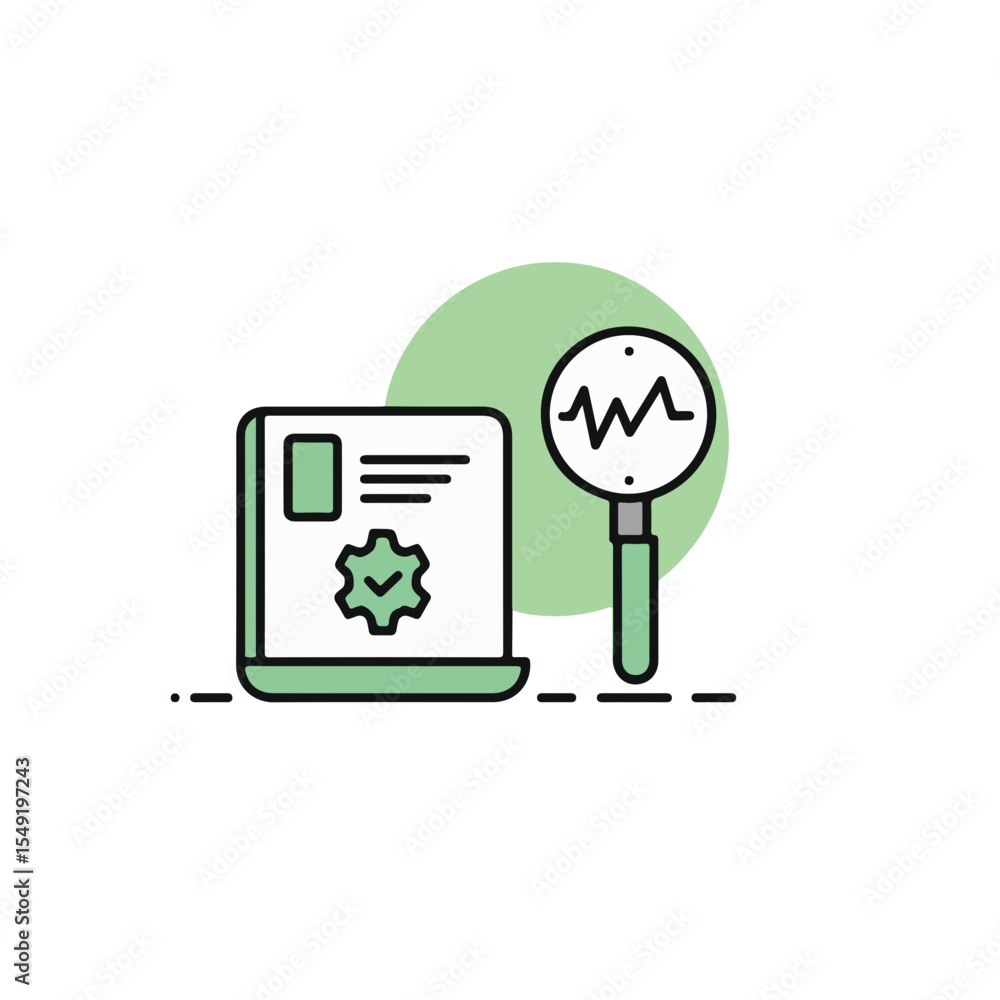 Poster analyzing data with a magnifying glass and computer.