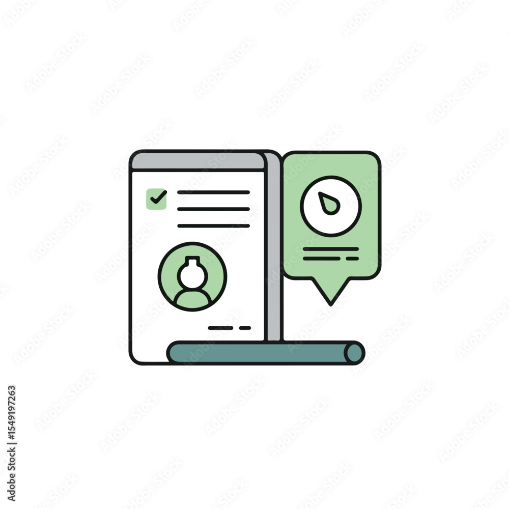 Poster document containing information and a notification bubble with a time indication.