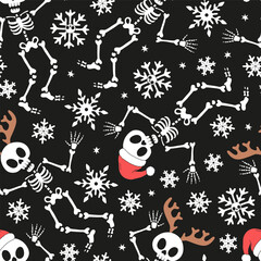 Retro Groovy Dancing Skeletons in Santa Hats and Reindeer Antlers with Skull Snowflakes Halloween Christmas mix vector Seamless Pattern. Perfect for alternative holiday wrapping paper, spooky seasonal