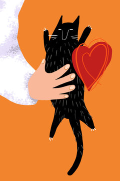 Illustration of a man holding a playful black cat with a heart symbol on an orange background