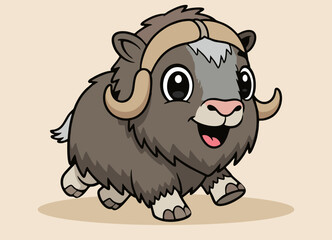 cute little muskox with big eyes  running and and smiling happy