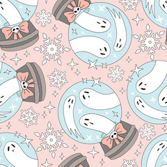 Retro Spooky Christmas and Halloween Mashup vector seamless Pattern featuring Snowglobe with Classic White Sheet Ghosts Inside. Perfect for alternative holiday decor, creepy cute wrapping paper