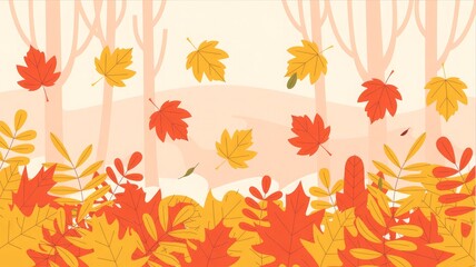 Fototapeta premium Falling orange and yellow leaves over blurred forest background, soft light and cozy tones, Autumn leaves in the forest