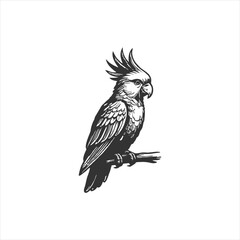 Elegant Cockatoo Illustration: A Detailed Black and White Vector Design of a Cockatoo Perched on a Branch